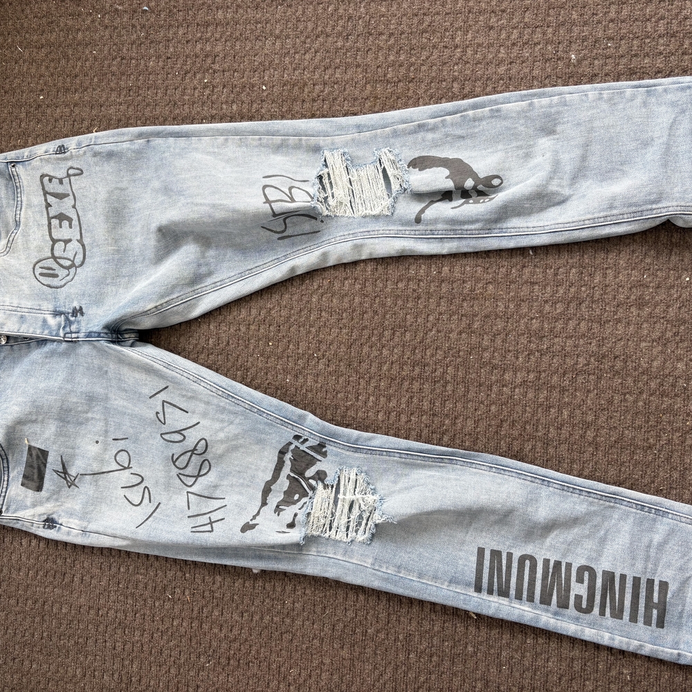 Ksubi Light Blue Distressed Jeans with Black Graphics